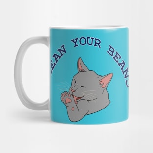 Clean Your Beans Gray Cat Pun Mug